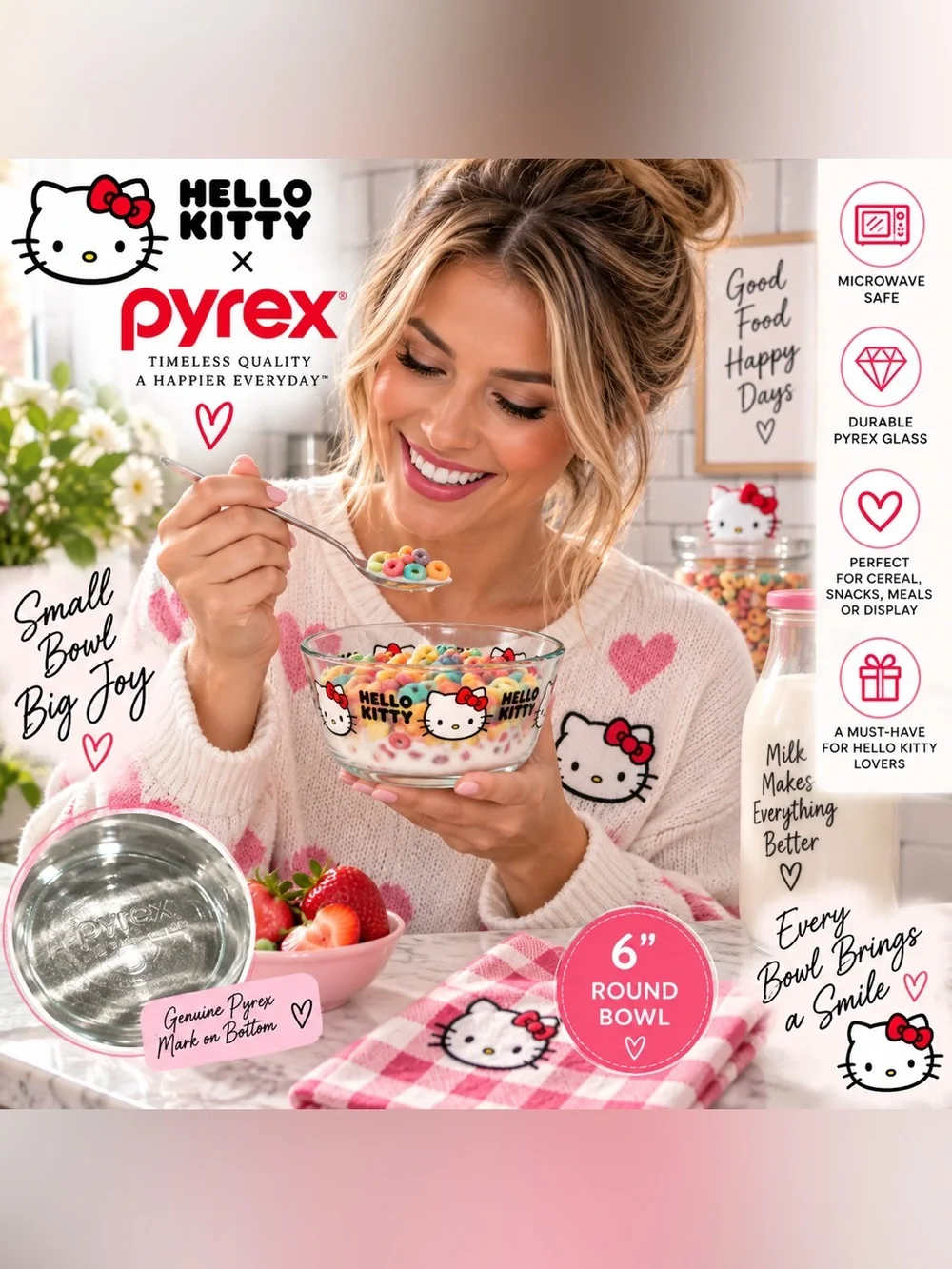 Pyrex Hello Kitty Clear Glass Bowl with Pink and Red Accents
